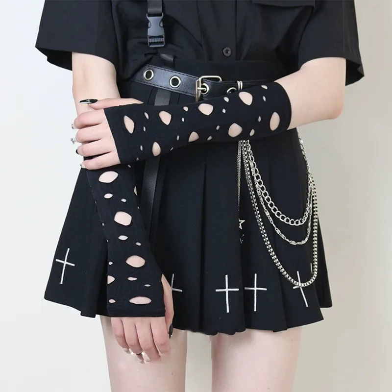 Y2K Gothic Punk Individuality Broken Hole Fingerless Performance Gloves Half Finger Mesh Stretch Halloween Party Dress Mittens