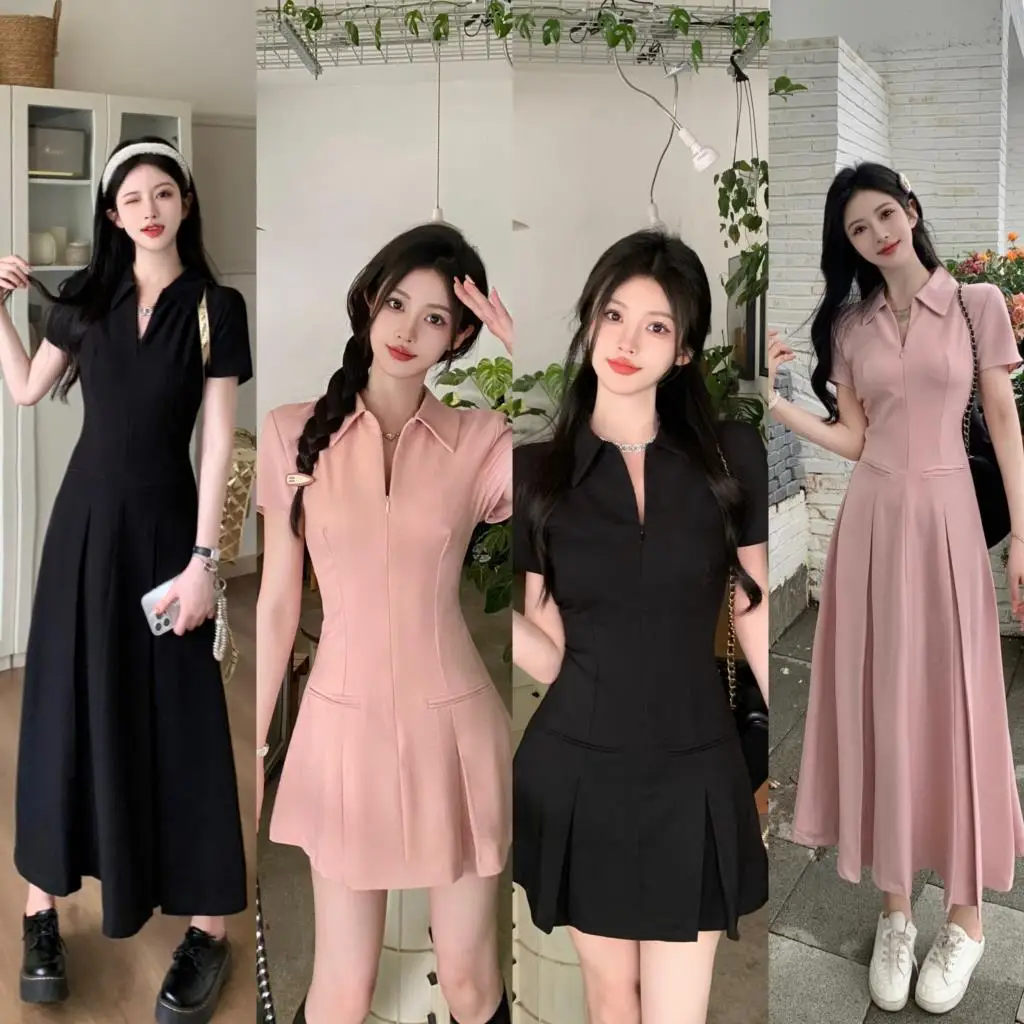 Summer New Casual Slim Solid Dresses for Women Sporty Turn-down Collor A-line Korean Chic Streetwear Simple Vestidos Mujer