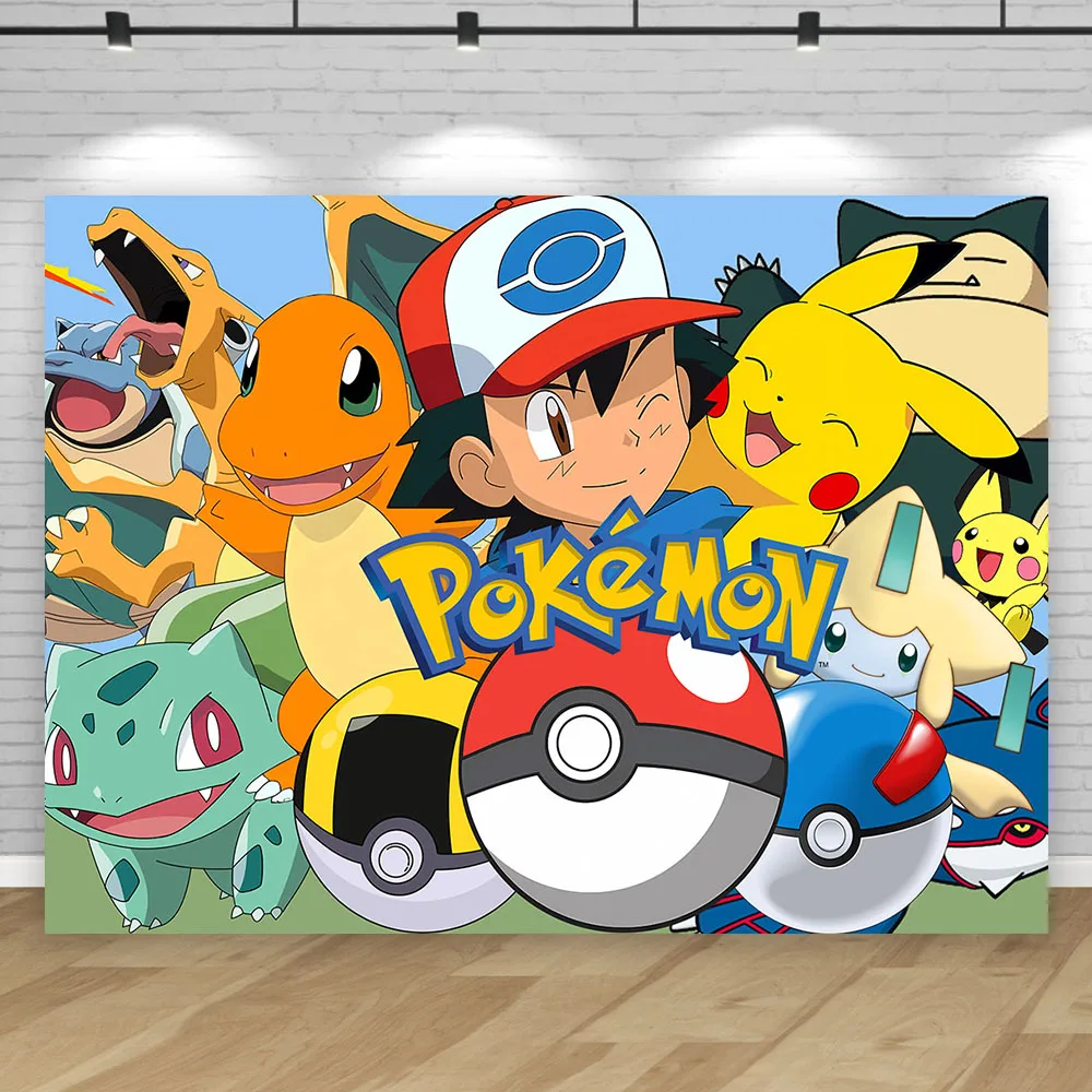 Fondo de Pokémon, pancarta de feliz cumpleaños, decoración de Pikachu para niños, baby shower, monstruo de bolsillo, accesorios de fondo de anime, póster