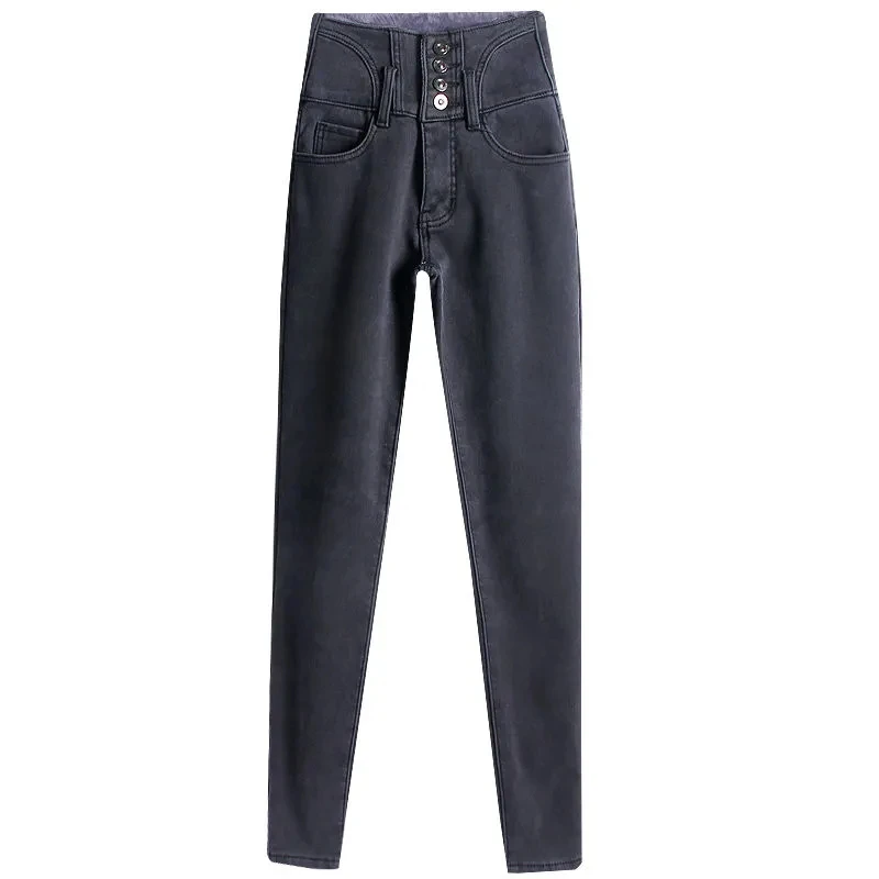 Winter Thicken Women's Jeans Fashion 2023 New Slim High Waist Plus Velvet Denim Trousers Gray Warm Oversized Skinny Vaqueros