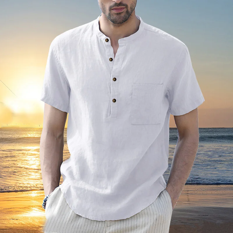 

Men's Casual Linen Cotton Henley Shirt Summer Beach Long Sleeve Hawaiian Shirts for Men Hippie Blouse Tee Tops