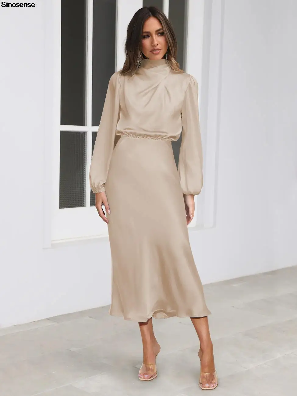 

Women's Spring Autumn Satin Dress Mock Neck Long Sleeve Bodycon Formal Dress Elegant Wedding Guest Cocktail Party Maxi Dress