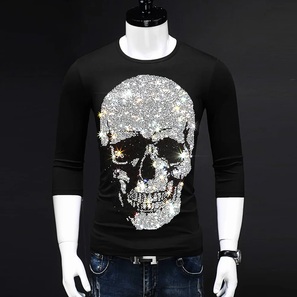 Plus Size Skull Rhinestones T Shirts Men Summer Top Tees O Neck Slim Fit Tshirts High Quality Male Motorcycle Punk Rock T-shirt