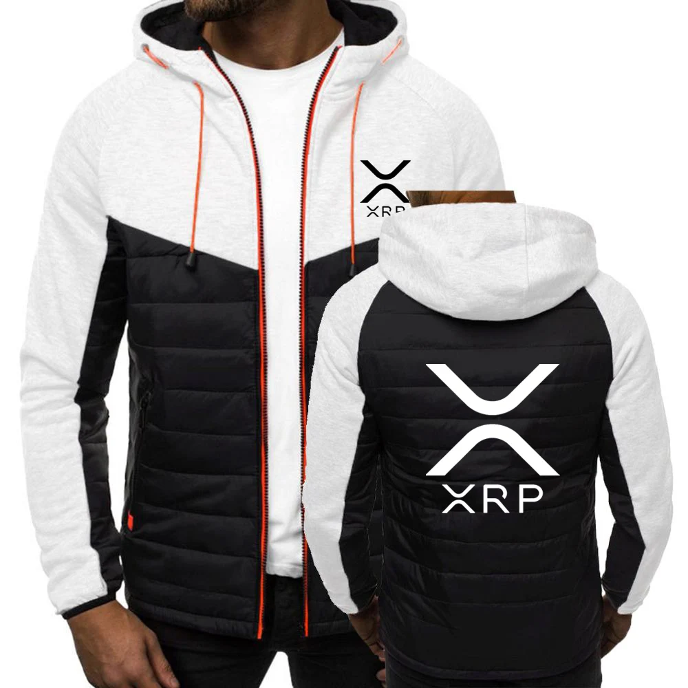 2025 Spring Autumn Men's Cryptocurrency Ripple XRP Logo Print Personality Solid Color Patchwork Long Sleeve Hooded Cotton Jacket 3