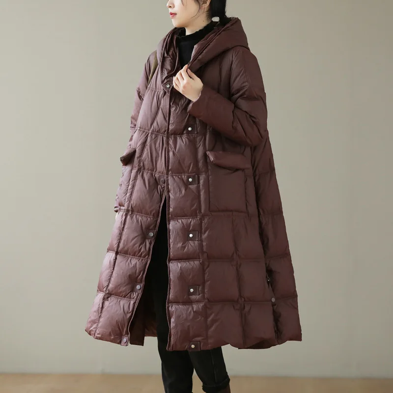 

2023 Winter New Solid Color Spliced Grid Side Adjustable Waist Long White Duck Down Hooded Warm Down Coat