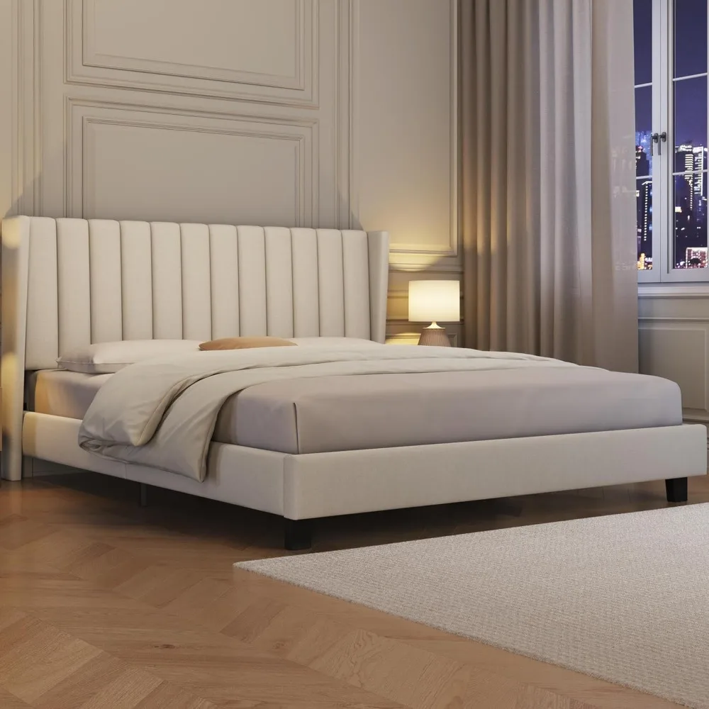 King Bed Frame Upholstered Platform Bed with Fabric Headboard, Wing Edge Design/Non-Slip and Noise-Free/No Box Spring Needed 3
