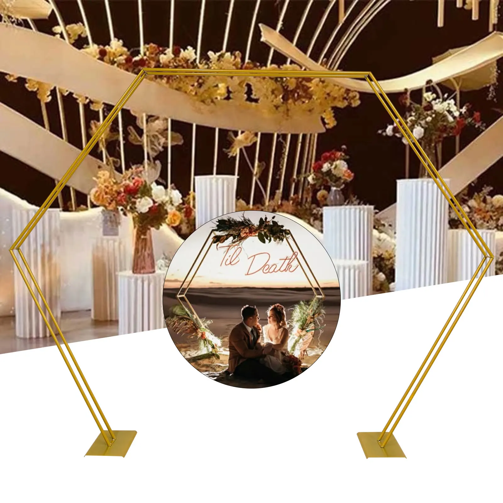Wedding arch stand wedding arch set wedding flower stand Gold Wedding Flower Frame Hexagon Arch Flower Balloon Rack Steel Pipe Wedding Prop Backdrop Stand Frame Wall Pro