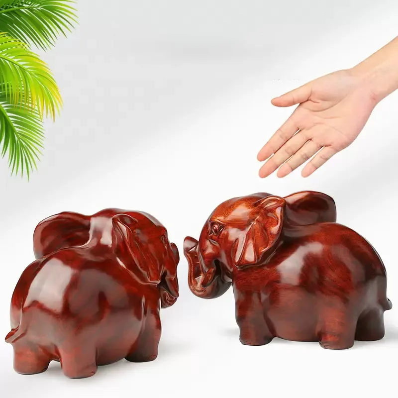 Solid Wood Elephant Handicraft Ornaments, Mahogany Carving Objects, Living Room, Porch Decorations, 1 Pair