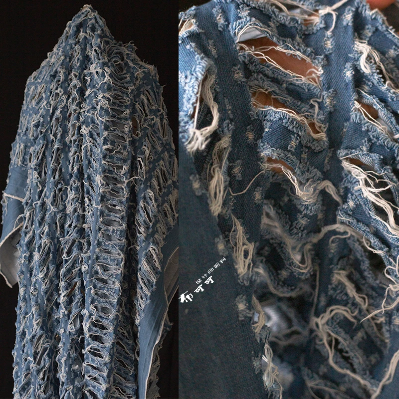 Blue and White Ripped Creative Denim Fabric Broken and Reconstructed Hollow Fabric See-through Jacquard Tassel