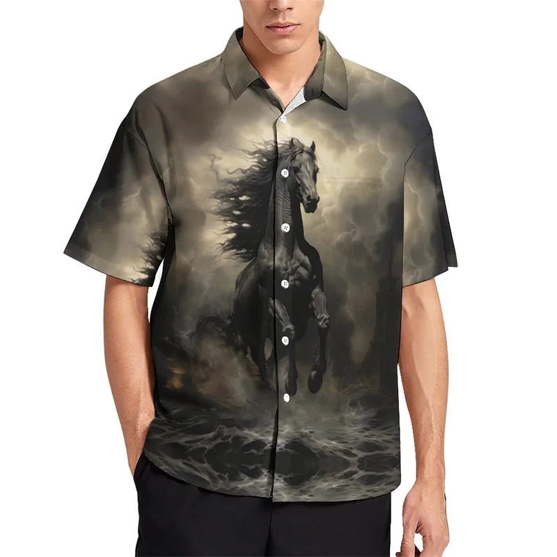 Camisas con estampado digital de animales y caballos para hombre, camisas hawaianas holgadas informales de manga corta para playa, blusas de gran tamaño para hombre