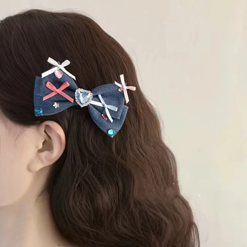 Korean Ribbon Bow Hair Clips Vintage Denim Bowknot Hairpin Cute Girls Heart Zircon Headdress Cosplay Hair Accessories for Women