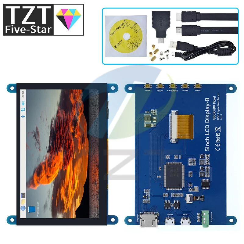 

TZT 5 Inch Portable Monitor HDMI 800 x 480 Capacitive Touch Screen LCD Display For Raspberry Pi 4 3B+/ PC/Banana Pi / ESP32