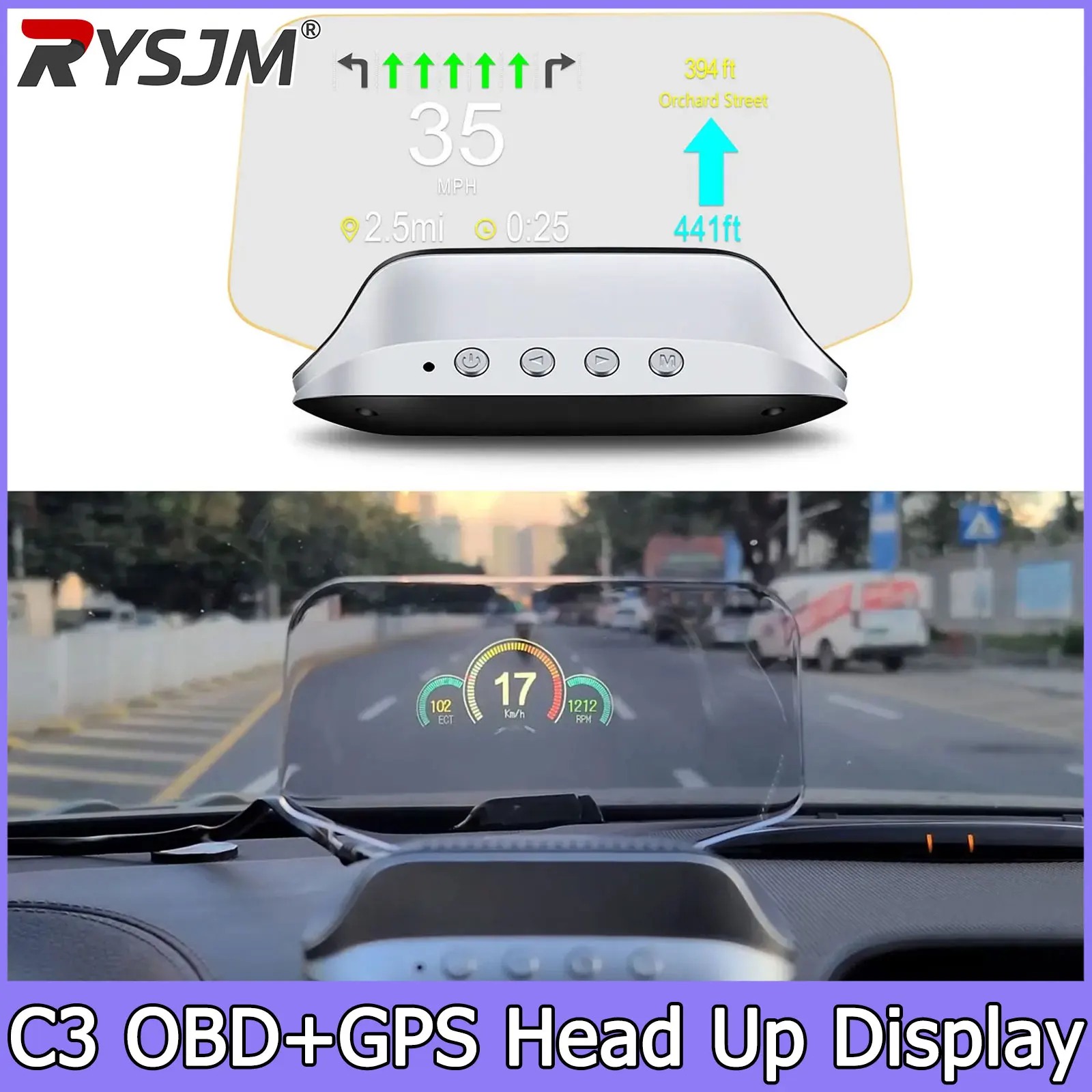 Display Head-Up C3 per Navigazione HUD con Tachimetro, Modalità Dual OBD2+GPS, Visualizzazione Digitale MPH KMH, Temperatura Acqua e Olio, RPM, Voltaggio