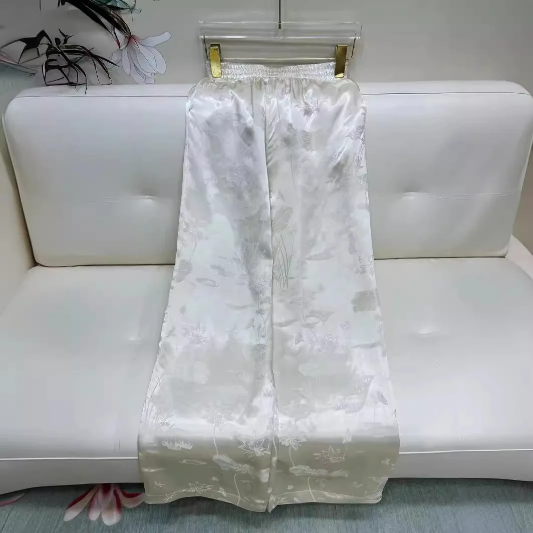 High-end Spring Summer Women Satin Jacquard Wide Leg Pants Vintage Lady Casual Loose Trousers Female S-XXL