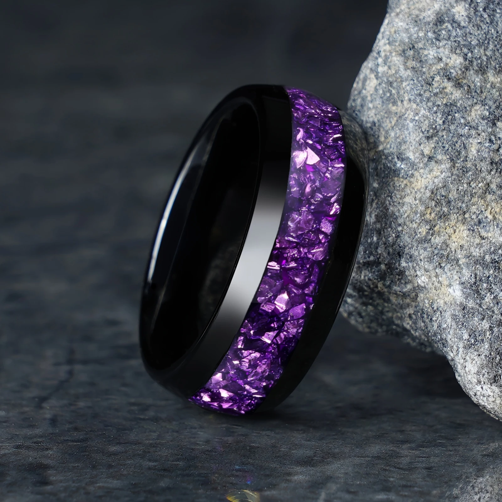 8mm Men Stainless Steel Rings Inlay Galaxy Style Purple Abalone Shell For Men Wedding Engagement Band Jewelry
