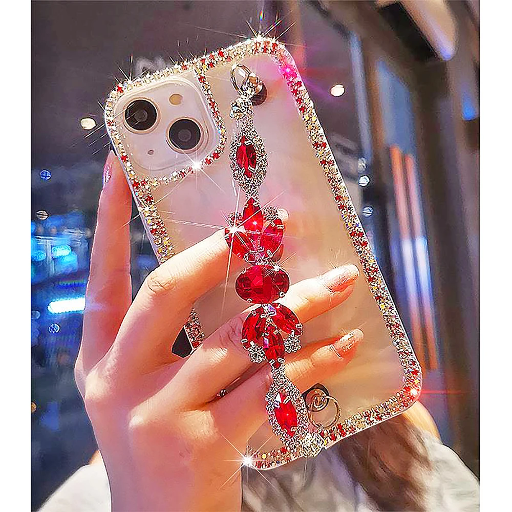 Luxury Glitter Rhinestone Chain Clear Phone Case Bling Gem Acrylic Cover for iPhone 15 14 13 12 11 Pro Max X XR XS SE 7 8 Plus