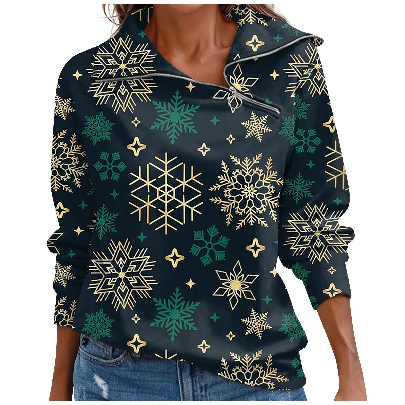 

Snowflake Print Pullovers Women Fashion Skew Collar Sweatshirts Christmas Hoodie Autumn Winter Coat Snowflake Tops Sudaderas