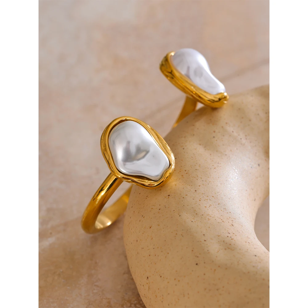 Yhpup 59mm Stainless Steel Baroque Simulated Pearls Cuff Bracelet