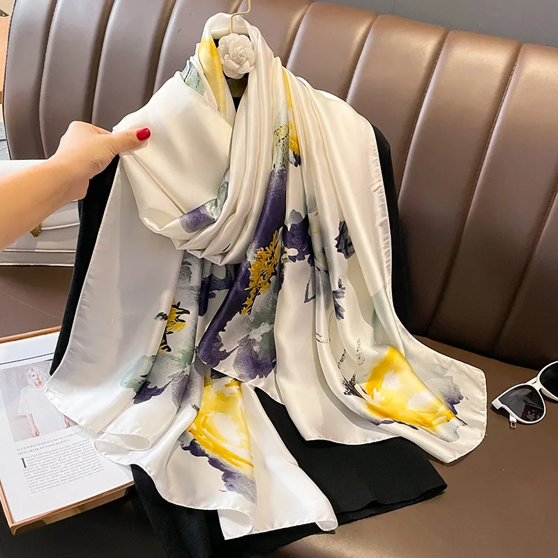 Design Satin Silk Shawl Women Fashion Printed Hijab Scarf Luxury Foulard Silk Bandana Female Senior Colorful Turban Handkerchief 2