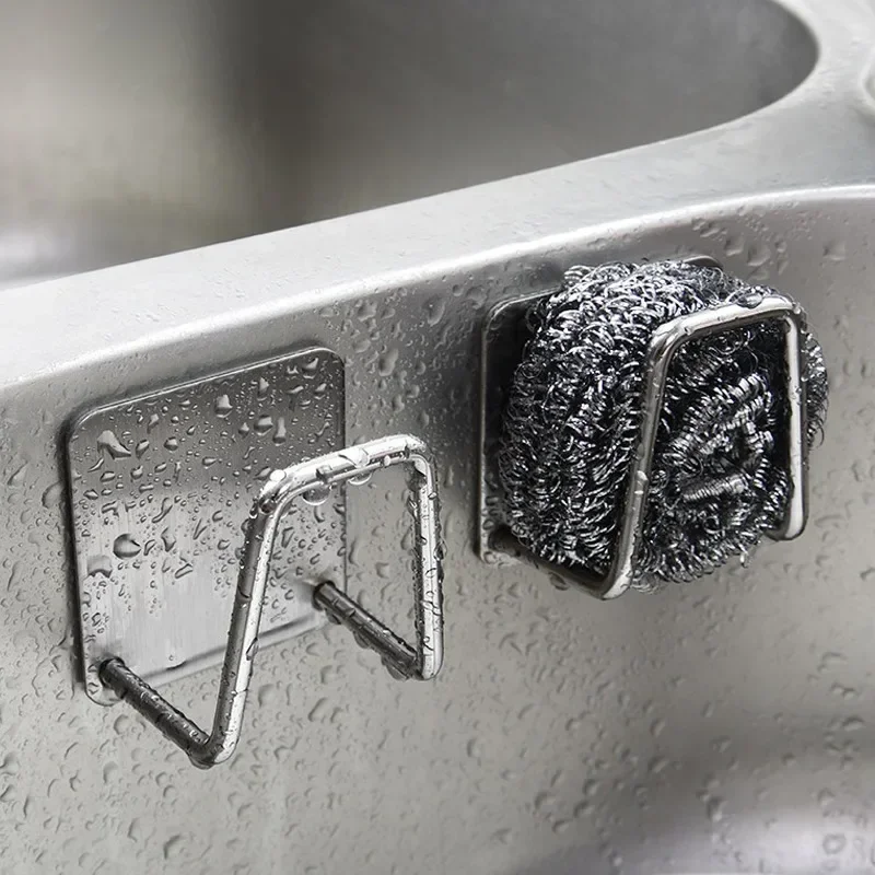 Description Picture 3 of itemSink Sponge Holder Stainless Steel Wall Hooks Self-Adhesive Kitchen Organizer Sponge Drain Drying Rack Wire Ball Storage Shelf