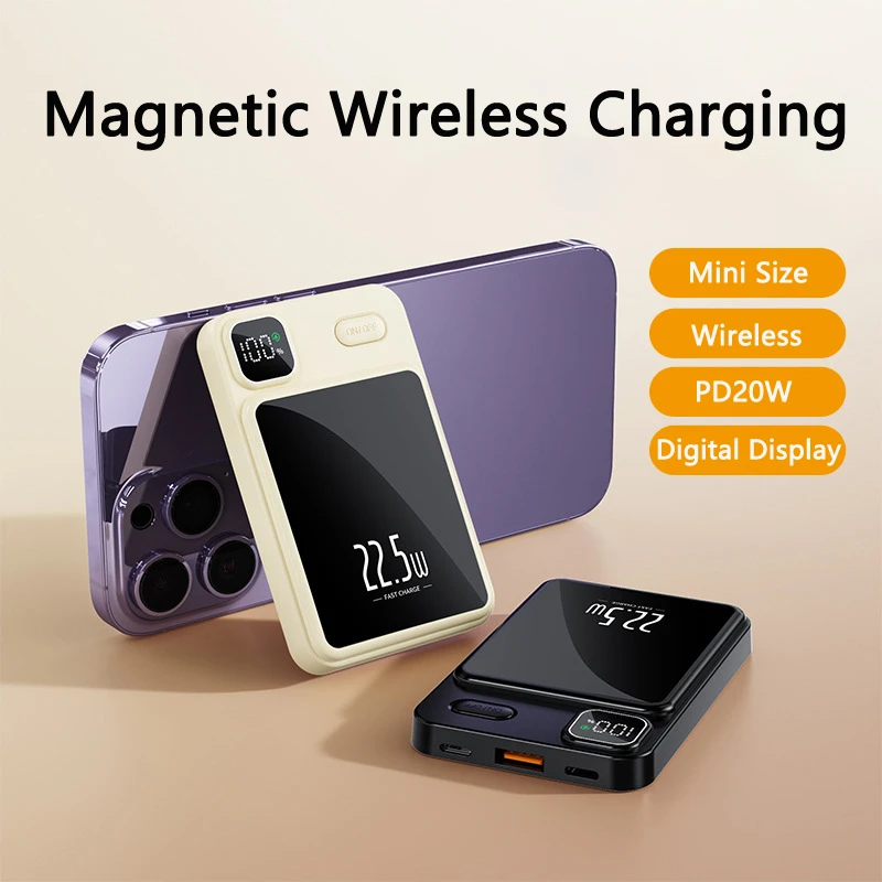 20000mAh Magnetic Qi Wireless Charger Power Bank for iPhone 14 Samsung Huawei Xiaomi 22.5W Fast Charging Powerbank Magnetic Ring