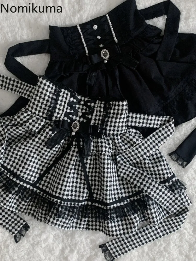 2025 Faldas Mujer De Moda Plaid Skirt for Women Sweet Japanese Jupe High Waist Bow Cute Saia Beading Bandage A-line Mini Skirts 1