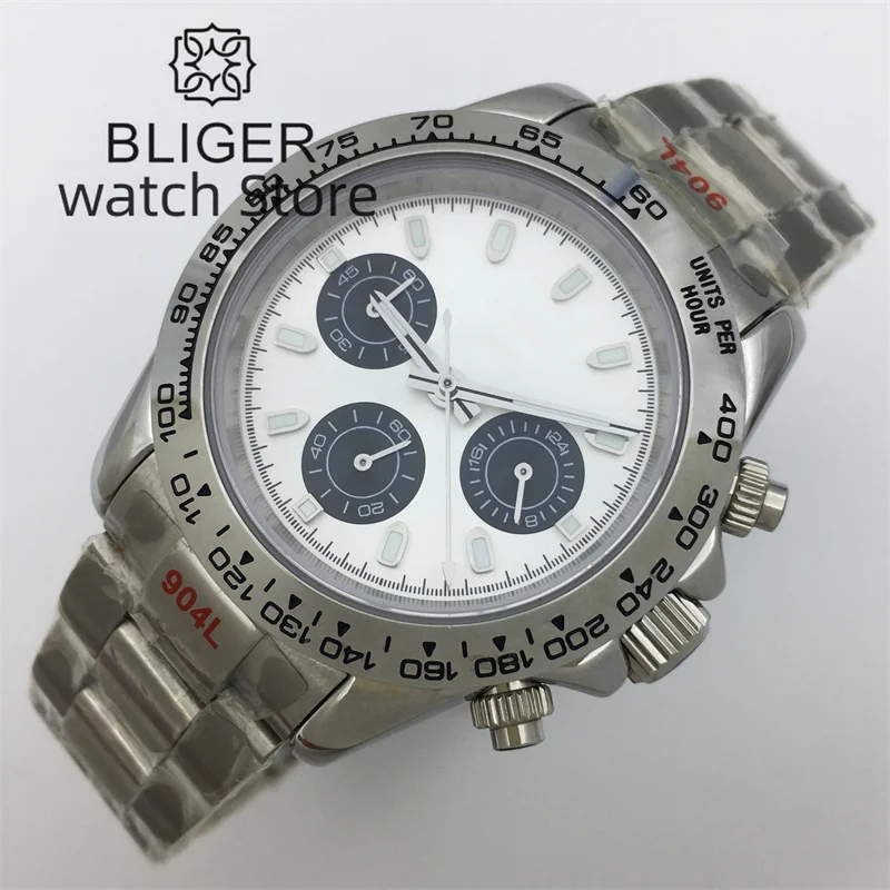 Bliger39mm quartz men's watch VK63 movement motion multifunctional time meter commercial sapphire Black white dial luminous inde