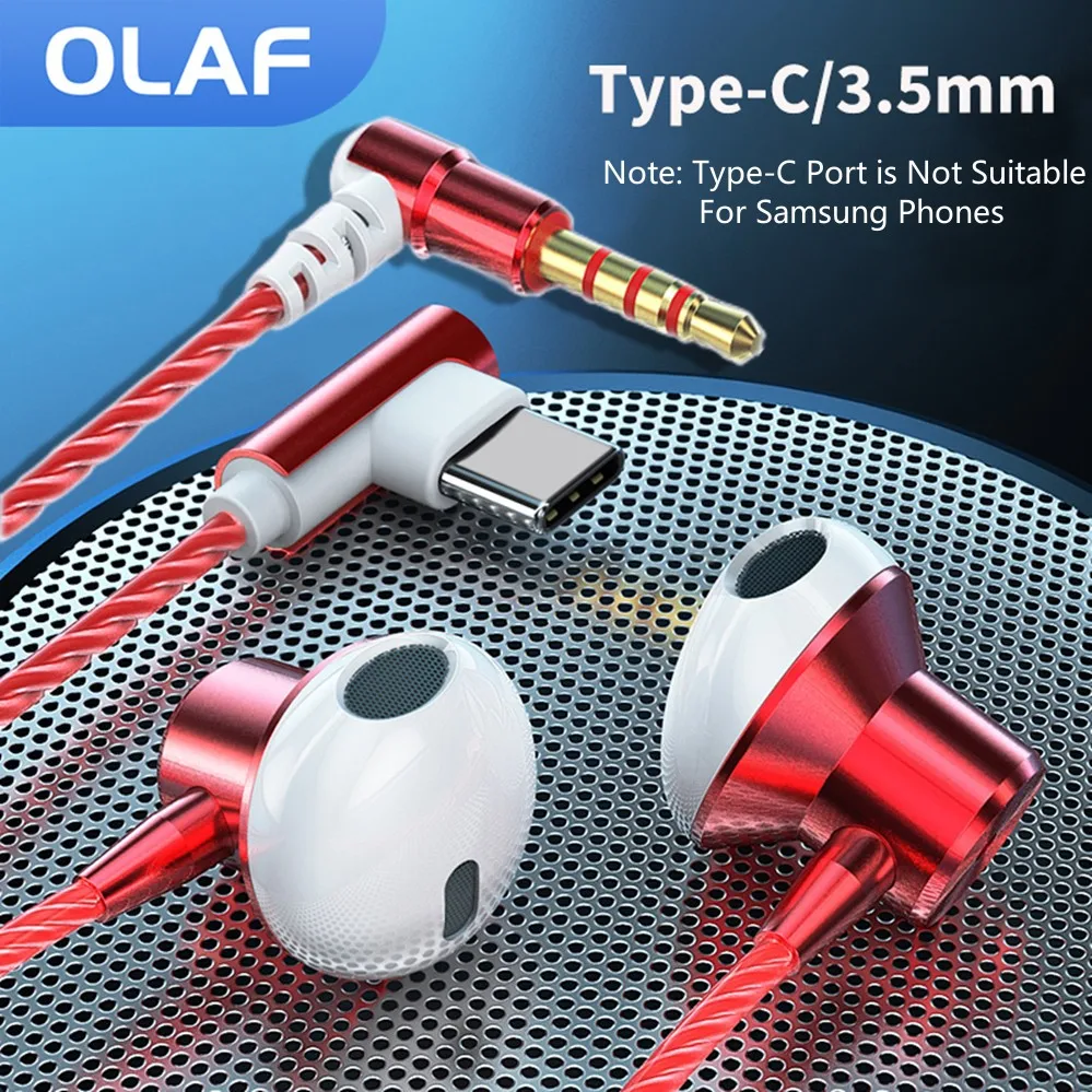 OLAF C타입 유선 헤드폰 인이어 이어폰, L 커브드 플러그 이어버드, 마이크 포함, HiFi 베이스 스테레오 음악 헤드셋, 게이머, 3.5MM