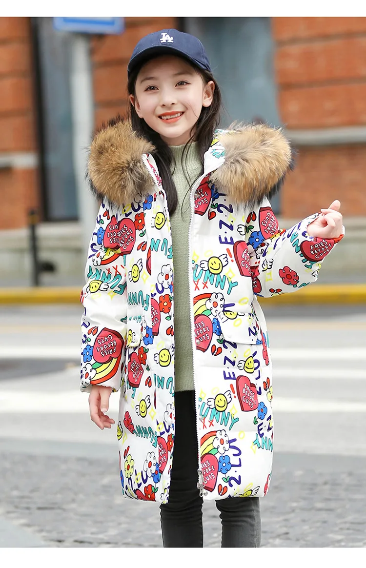 OLEKID 5-16 Jahre Mädchen Winter Daunenjacke Pelzkragen Mit Kapuze Cartoon Gedruckt Lange Teen Mädchen Oberbekleidung Mantel Kinder Graffiti Outfit – Detail 18
