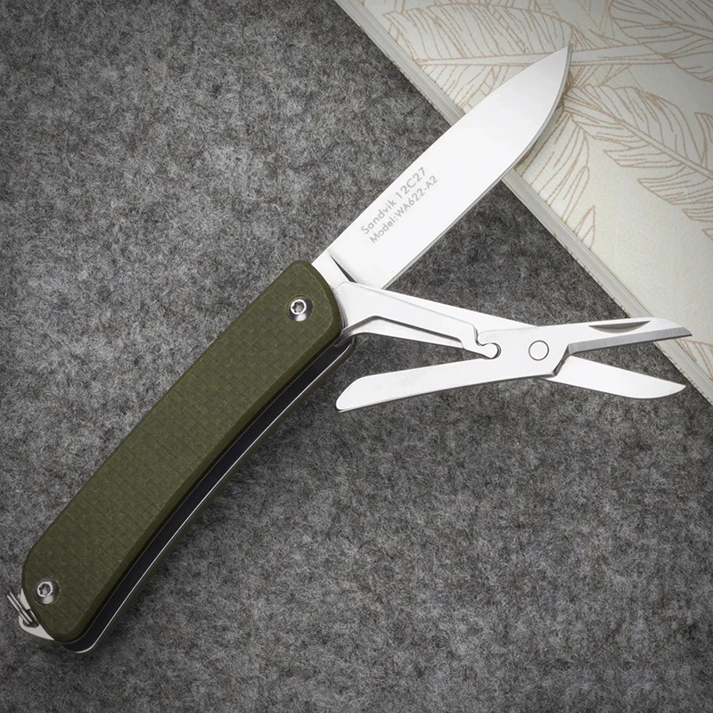

SRM WA622 Mini EDC Pocket Folding Knife 12C27 Blade G10 Handle with Scissors Keyring NO LOCK