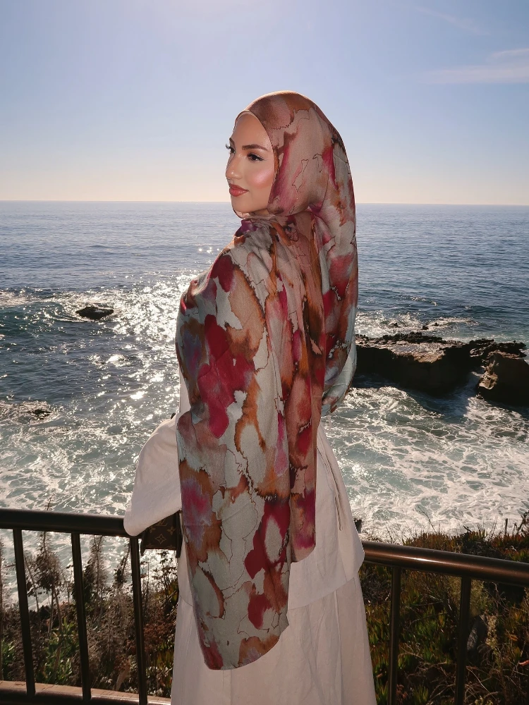 Ocean Abyss Printed Hijab Breathable Light Weight Soft Cotton Rayon Viscose Woven Muslim Women Shawl Watercolour Floral Scarf