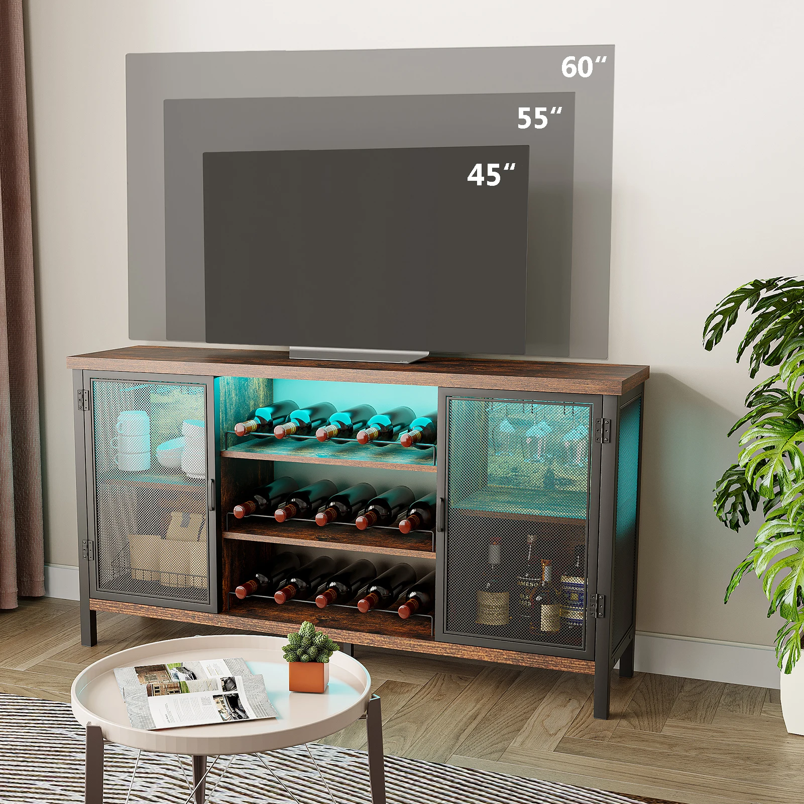 Household LED wine bar cabinet, farmhouse coffee bar with 2 hinged doors, adjustable wooden and steel table with bottle rack