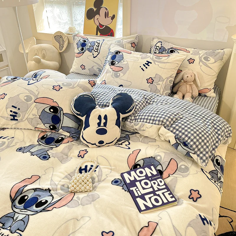 

Stitch Disney Anime Kawaii Cartoon Beds Four-piece Set Warm christmas Bed Sheet Quilt Cover Student Dormitory Supplies