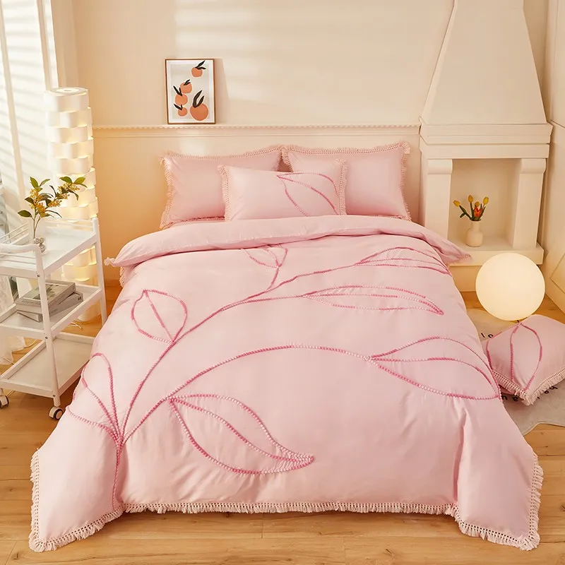 

100%Cotton Chic Tassels Pink White 4Pcs Bedding set Queen Handmade leaves Duvet Cover set Pillowcases 180X200cm Bedskirt