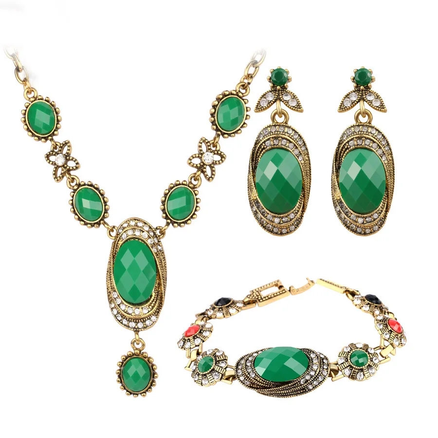 

Vintage Female Bridal Full Jewelry Sets for Women Green Black Color Bridal Jewelry Sets