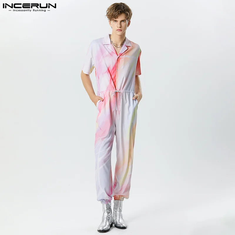 

INCERUN Men Jumpsuits Tie Dye Gradient Lapel Short Sleeve Loose Male Overalls Streetwear Drawstring 2023 Fashion Casual Rompers