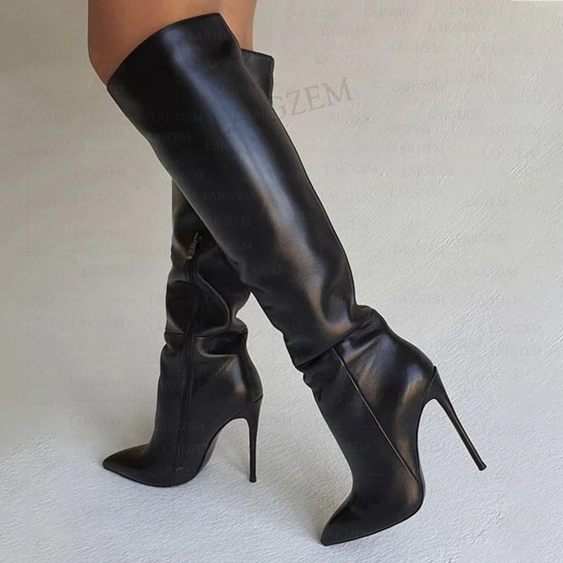 

BERZIMER Women Knee High Heels Boots Side Zip Faux Leather Thin High Heels Tall Boots Ladies Shoes Woman Size 39 41 43 47