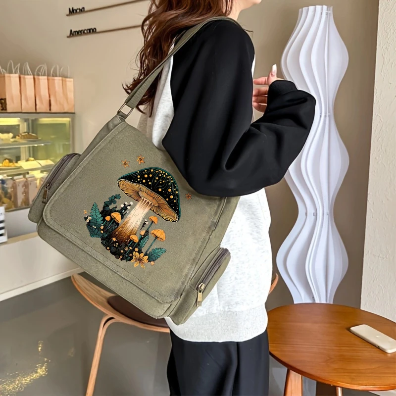 Retro Women's Shoulder Bag Men's Crossbody Bag Messenger Bag Canvas Mushroom Print Large Capacity Laptop Bag