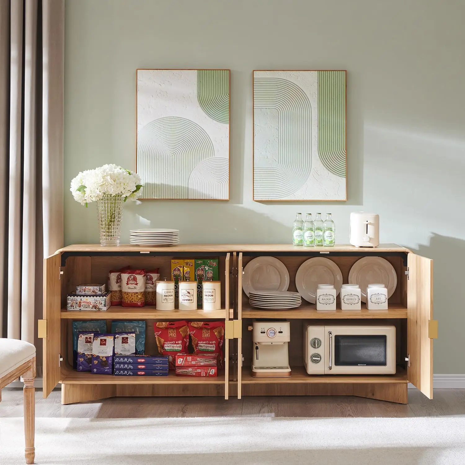 Modern Buffet Cabinet with Storage, 70" Large Sideboard Buffet Storage Cabinet with 4 Doors and Adjustable Shleves, Wooden Curve