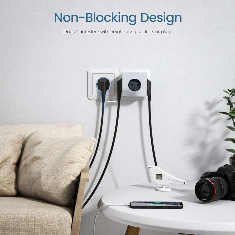 Multi Socket Cube EU Plug Power Strip Adapter Surge Protector 3 AC Outlets 3 USB Charging Port Retractable USB-C Cable power strip plug adapter