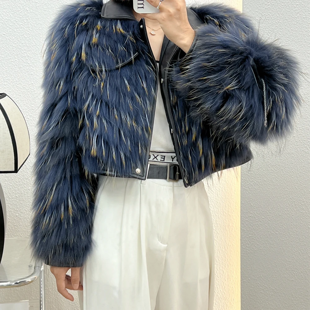 

Short Women's Jacket Real Raccoon Fur Strips Coat Female Winter Overcoat Natural Fur Streetwear Genuine Sheepskin Leather Collar