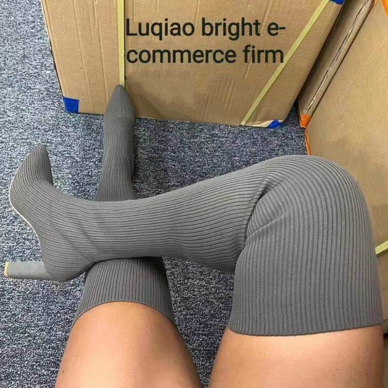 Women's High Heel Boots Autumn Winter Fashion Knitting Stretch Boots Women Retro Long Mid Sock Botas Mujer women boots