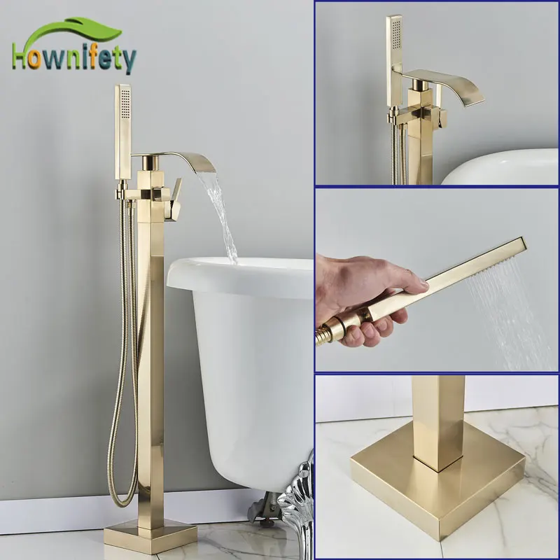 Hownifety Brushed Gold Bathroom Floor Standing Faucet Hot Cold Mixer Bathtub Shower Systems ABS Plastic Rainfall Handheld