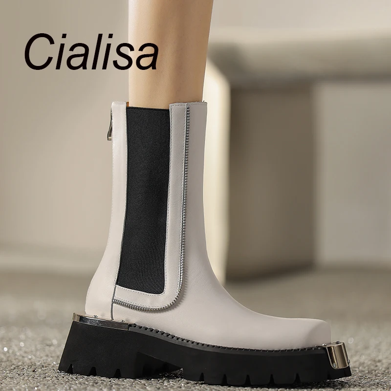 

Cialisa Mid Calf Boots Women Autumn Winter Platform Fashion Square Toe Handmade Genuine Leather Lady Thick Heels Shoes Sizes 42