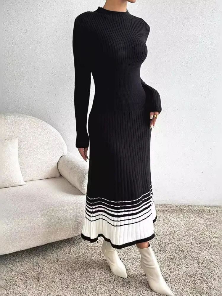 Wmstar Dress Women Wholesale Black White Striped Pleated Skirts Sweaters Long Skirts Cross Border Bestsellers One Piece 2025