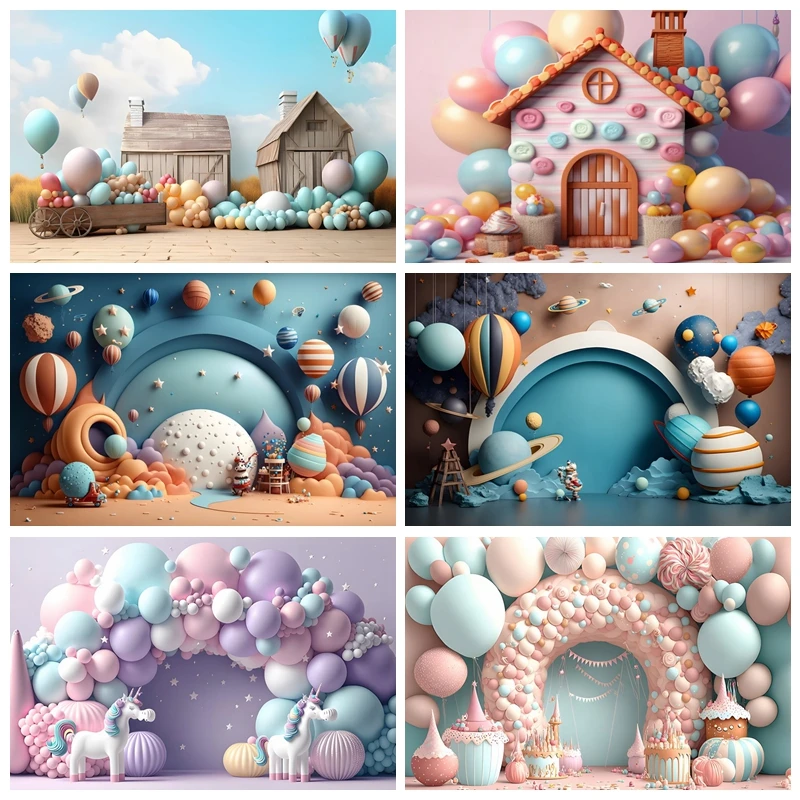 

Baby First Birthday Background Photography Newborn Girl Boy Cake Smash Decor Colorful Balloon Flowers Backdrop Photo Studio Prop