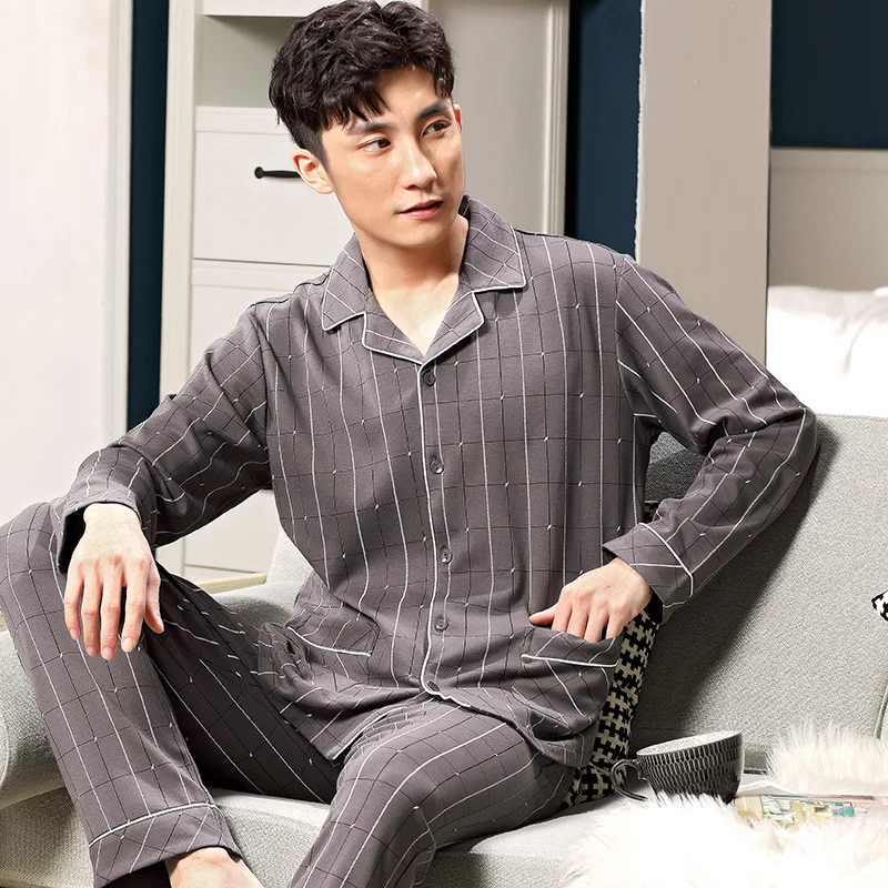 Pijamas de algodón de manga larga para hombre, camisas de dormir de talla grande, conjunto de ropa informal para el hogar, invierno, primavera y otoño|Sets de pijama hombres| -