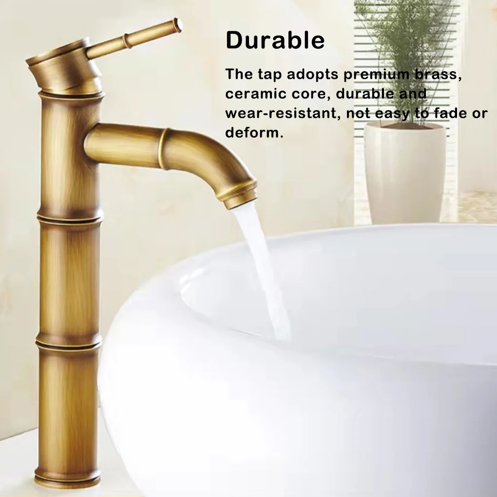 

Bathroom Faucet Antique Brass Basin Stable Base Tall Bamboo Luxury Hot Cold Water Single Handle Pipes Tap for Outdoor