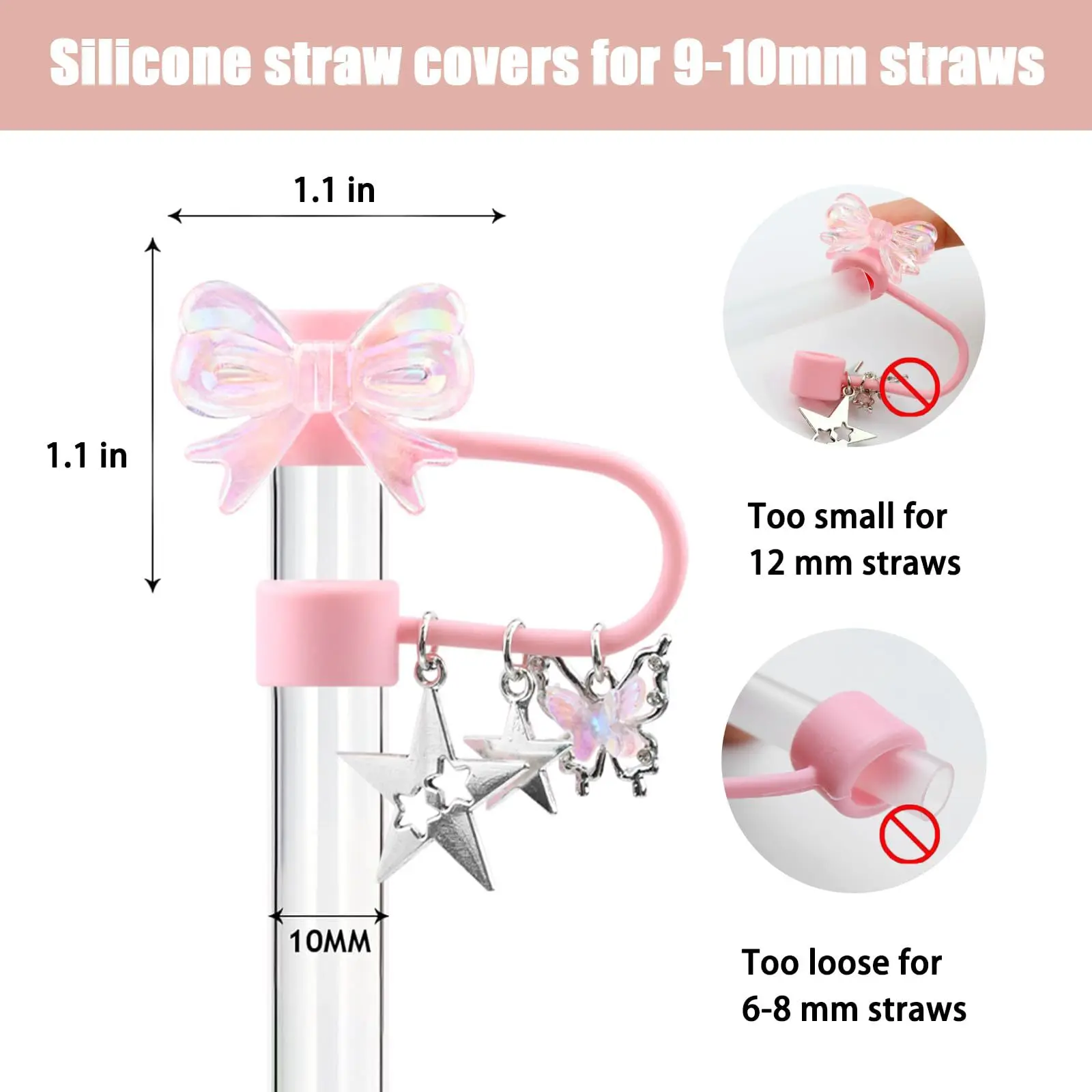 thumbnail image 2 of Bow Straw Cover Lovely Drinking Straw Tips Cover Reusable Straw Protector Topper For 0.4in Straws Silicone Cup Accessories, 10mm Silicone Straw Covers Cap (Gray 2 of 10