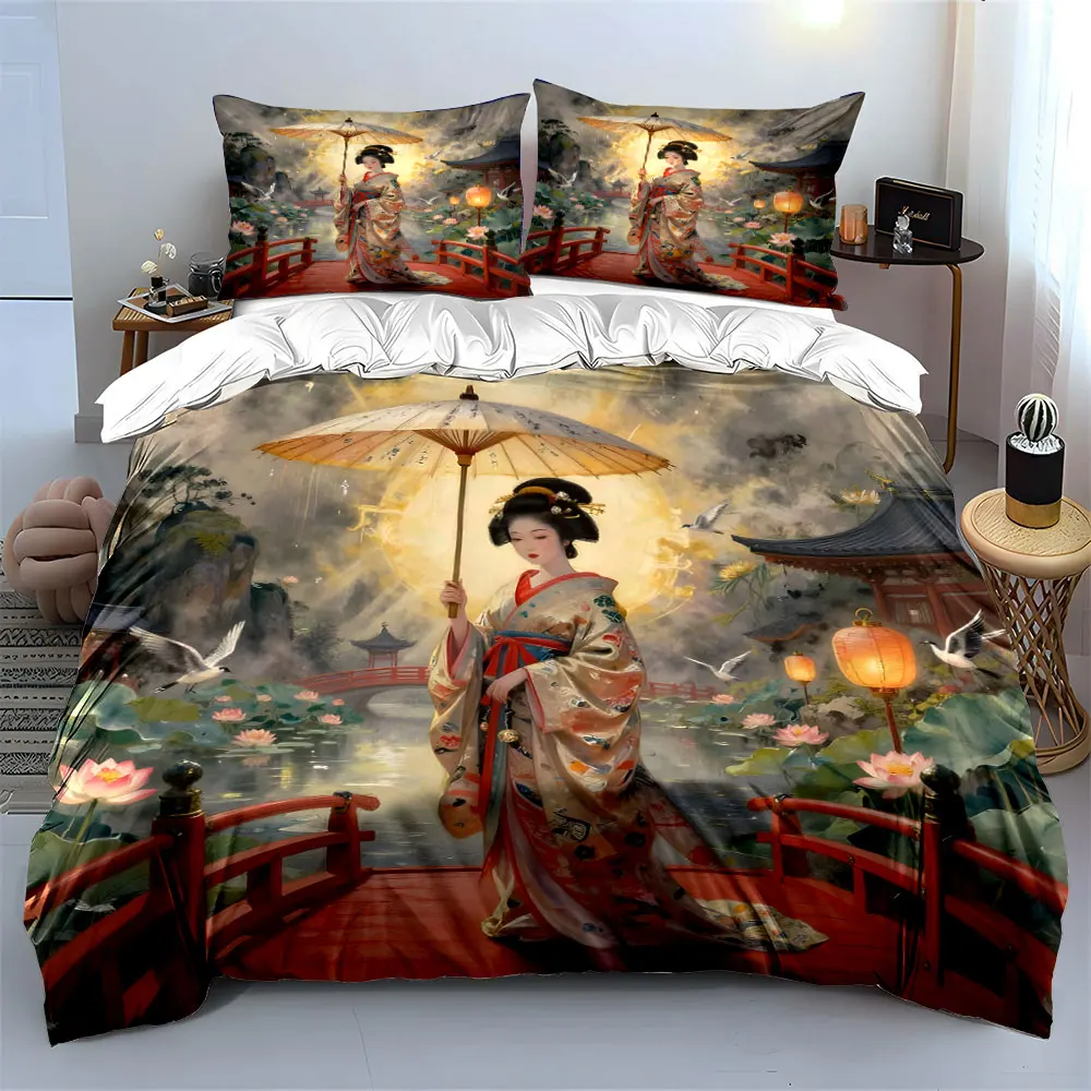 Woman in kimono holding umbrella Printed Duvet Cover Set1 Duvet Cover+2 PillowcaseMulti Size Bedroom Bedding Decor 3